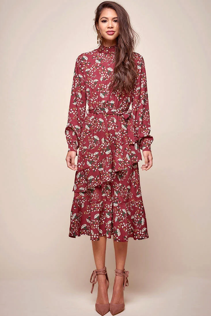 Jackson Waist Tie Bell Sleeve Dress Red Wine