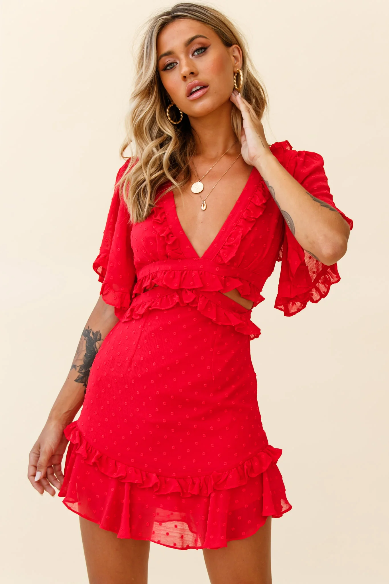 My Belle Cut-Out Detail Frill Accent Dress Red
