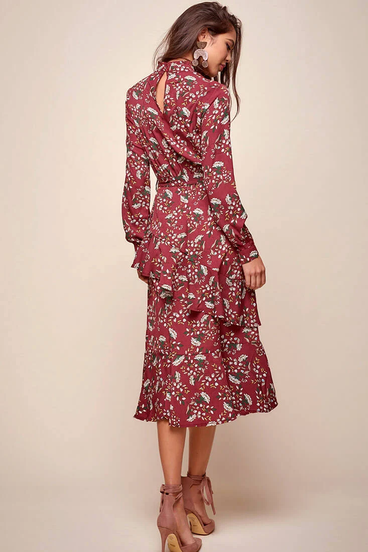 Jackson Waist Tie Bell Sleeve Dress Red Wine