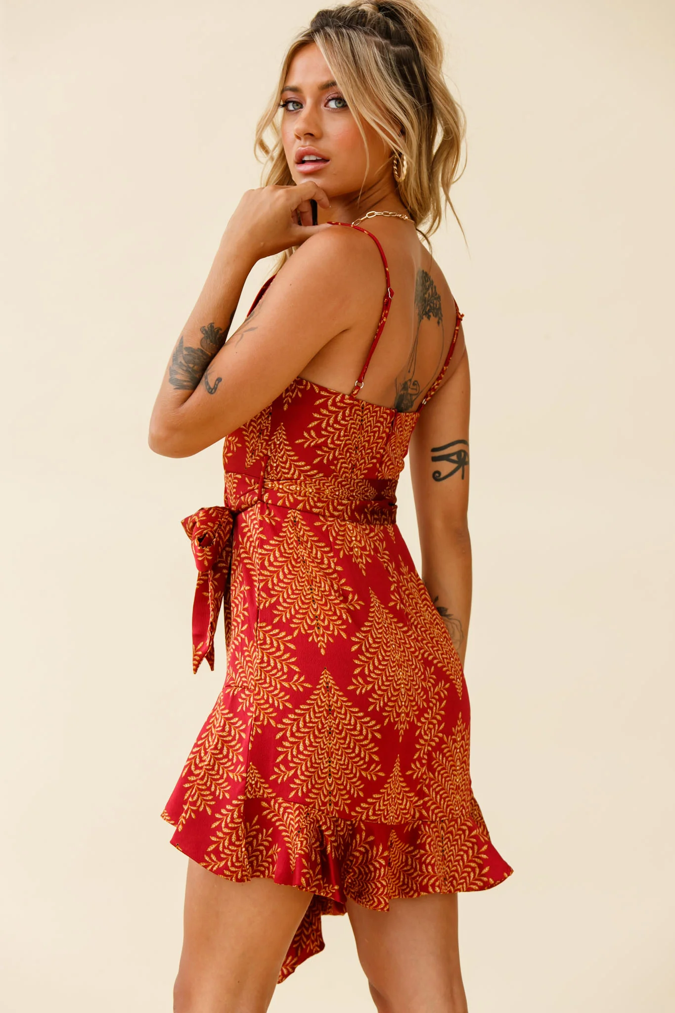 On The Prowl Cowl Neck Asymmetrical Hem Dress Leaf Print Wine