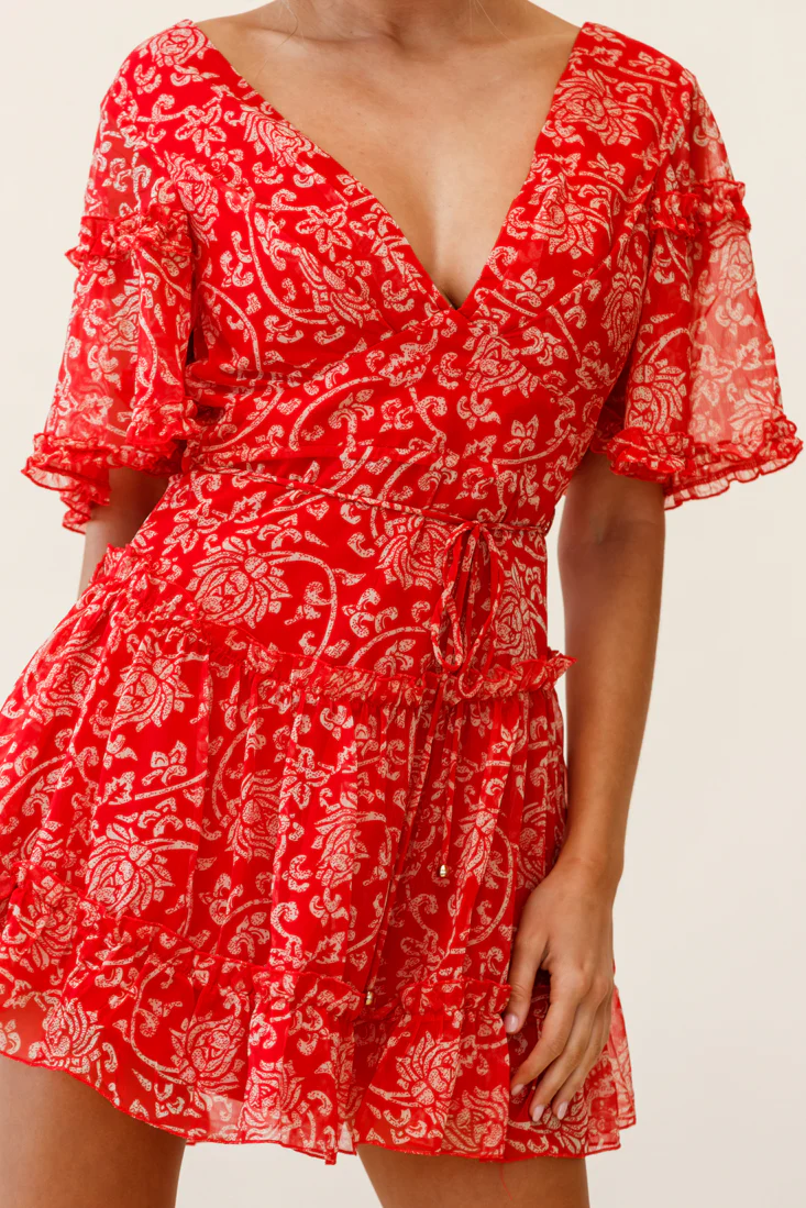 Psalm Angel Sleeve Frill Dress Floral Stencil Print Red