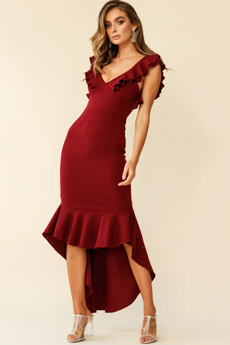 Pearl Ruffle Strap High-Low Hem Dress Plum