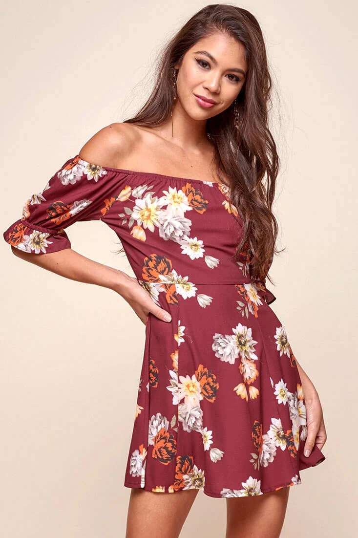 Hera Off the Shoulder Fit and Flare Floral Dress Red