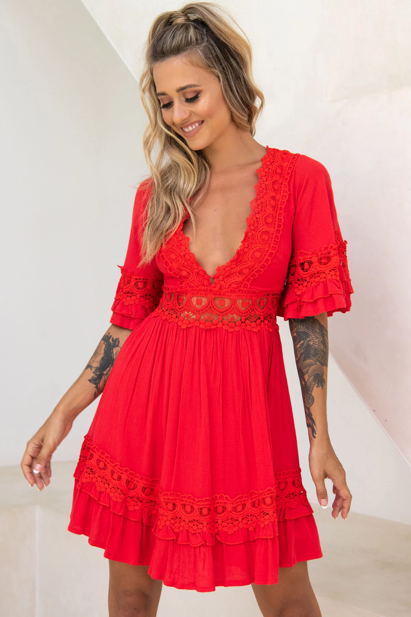 Kauai V-Neckline Crochet Lace Trim Dress Red