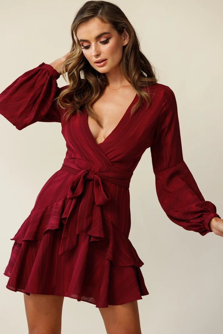 Kerry Layered Balloon Sleeve Dress Wine