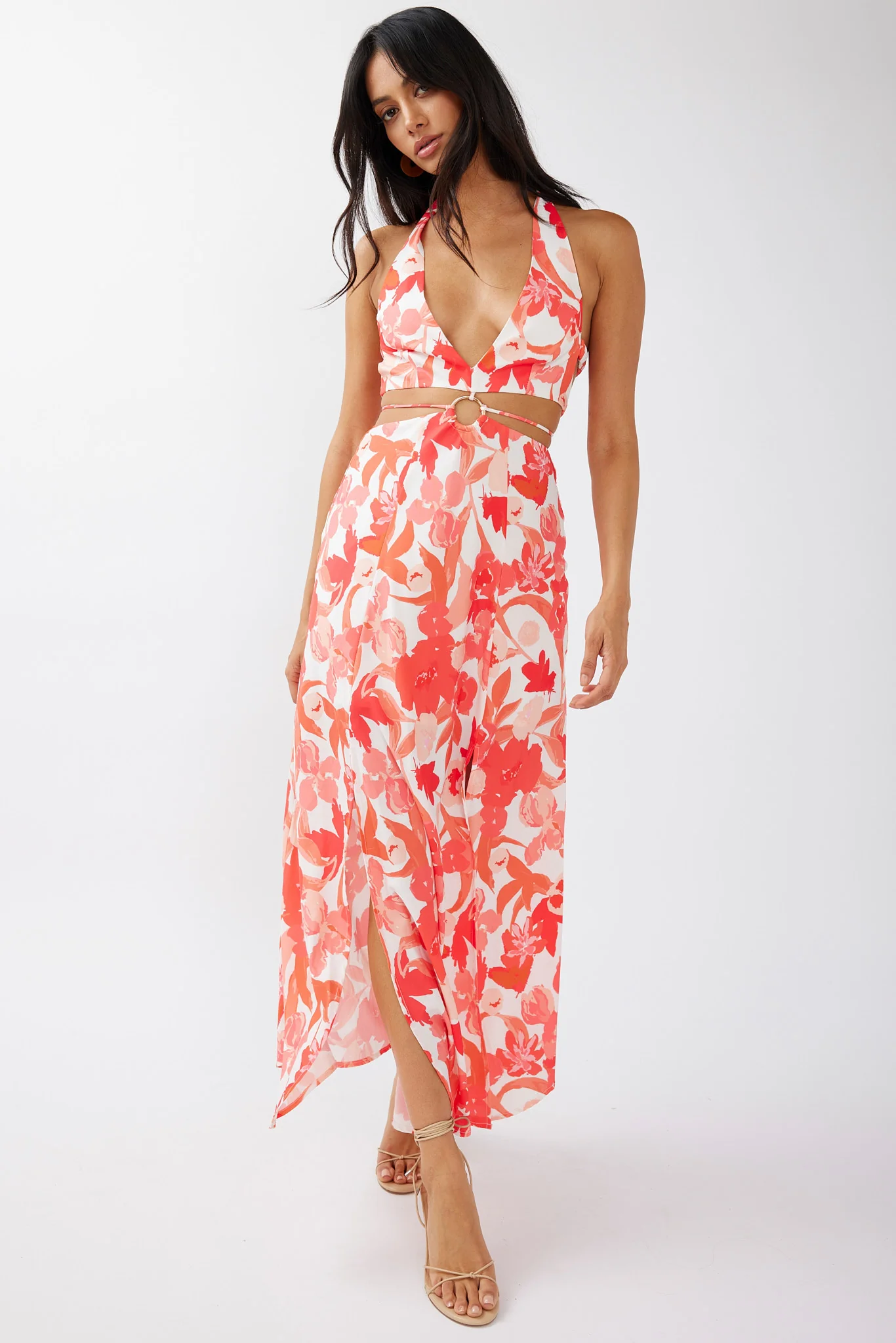 Tuscan Summers Cut-Out Midi Dress Floral Red