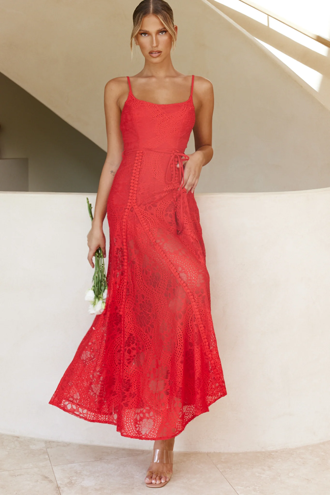 Palm Springs Lace Overlay Maxi Dress Red
