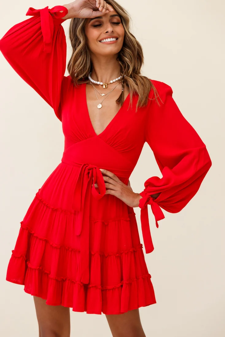 Jocelyn Long Sleeve Tied Cuff Frill Dress Red