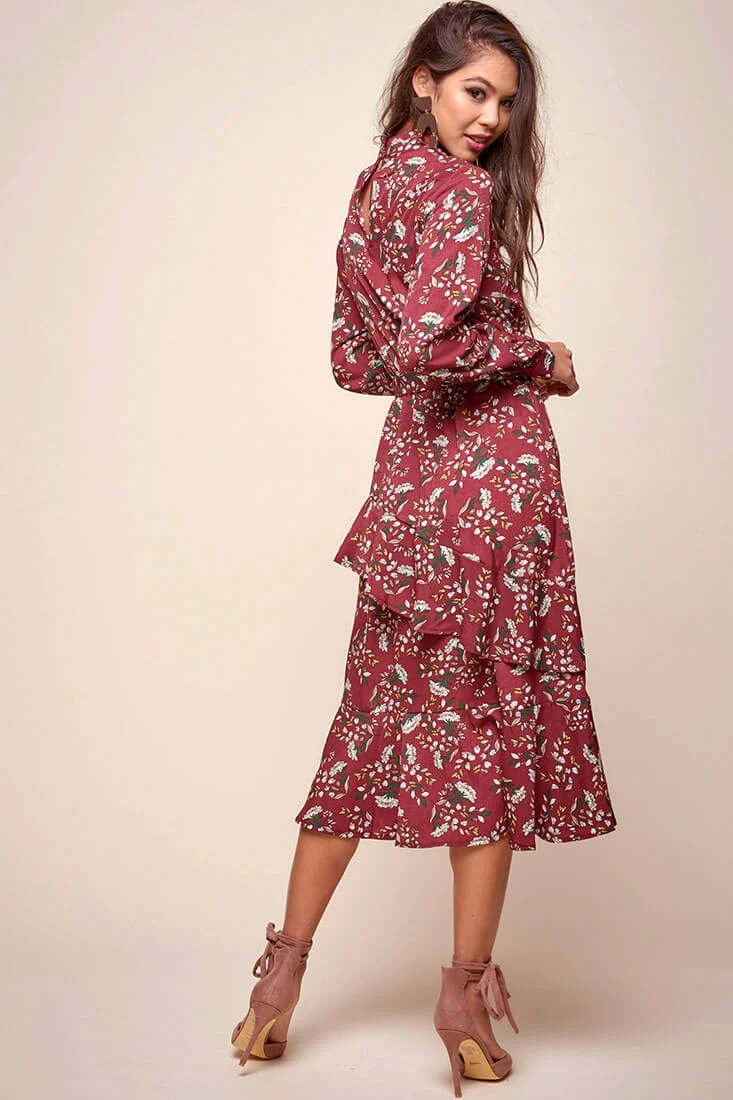 Jackson Waist Tie Bell Sleeve Dress Red Wine