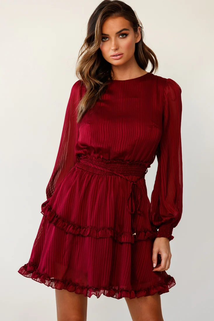 Mildred Long Sleeve Shirred Waist Frill Dress Wine