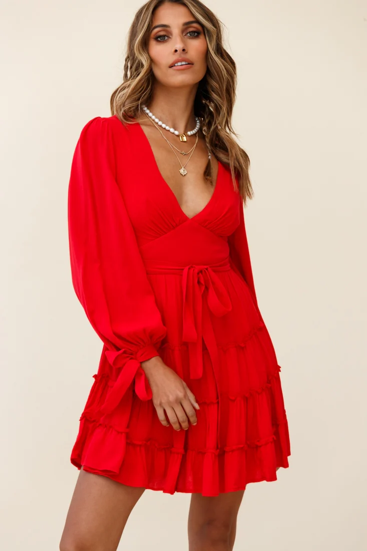 Jocelyn Long Sleeve Tied Cuff Frill Dress Red