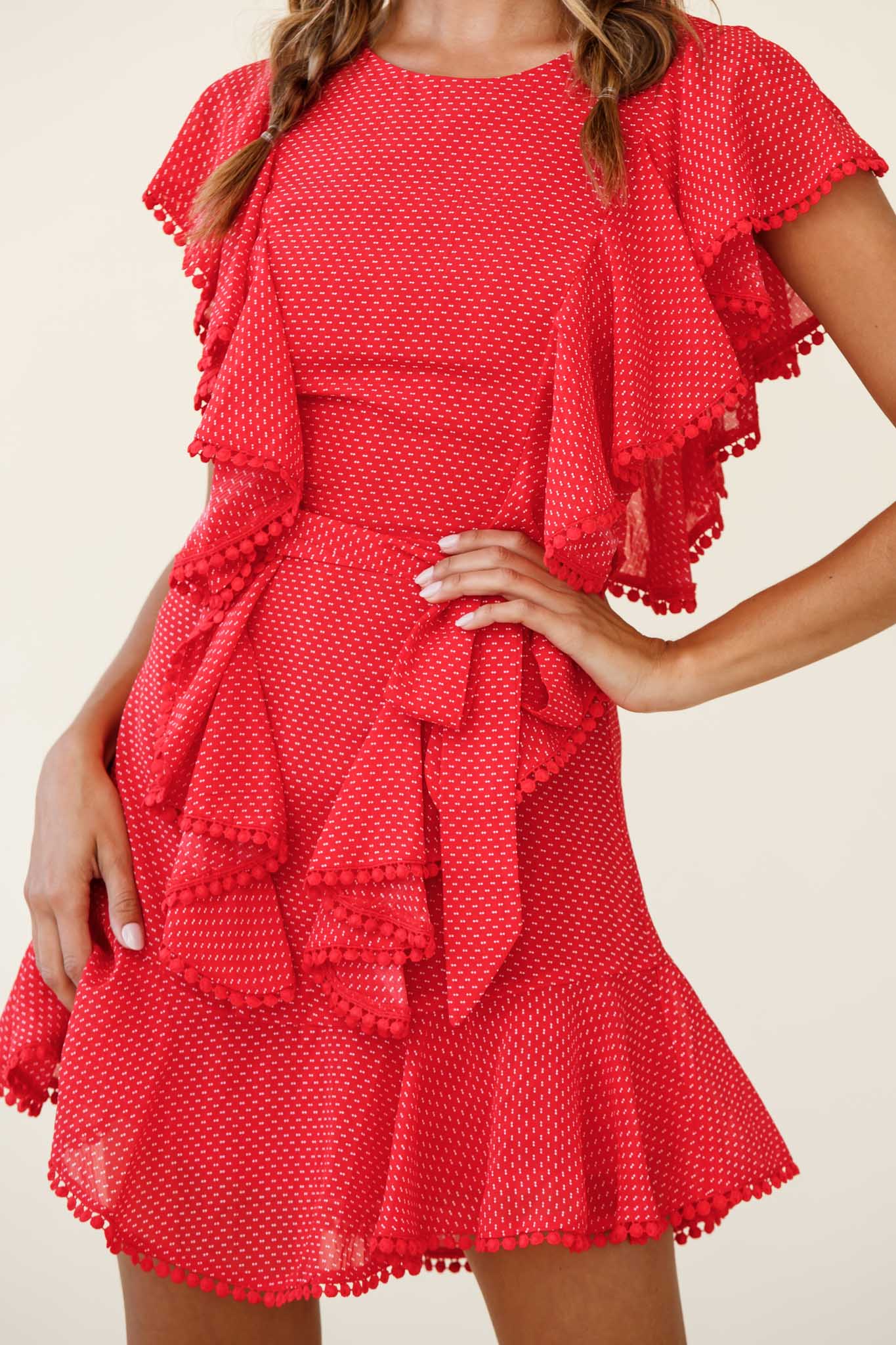 Deandra Ruffle Insert Waist Tie Dress Dash Pattern Red