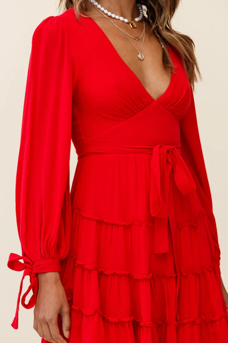Jocelyn Long Sleeve Tied Cuff Frill Dress Red