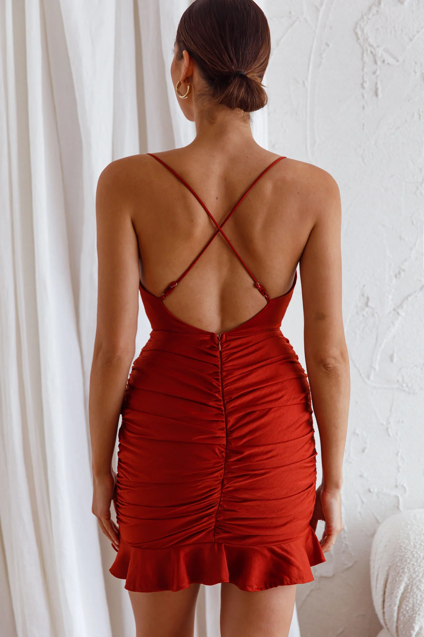 Harriet Cowl Neck Ruched Satin Mini Dress Sienna