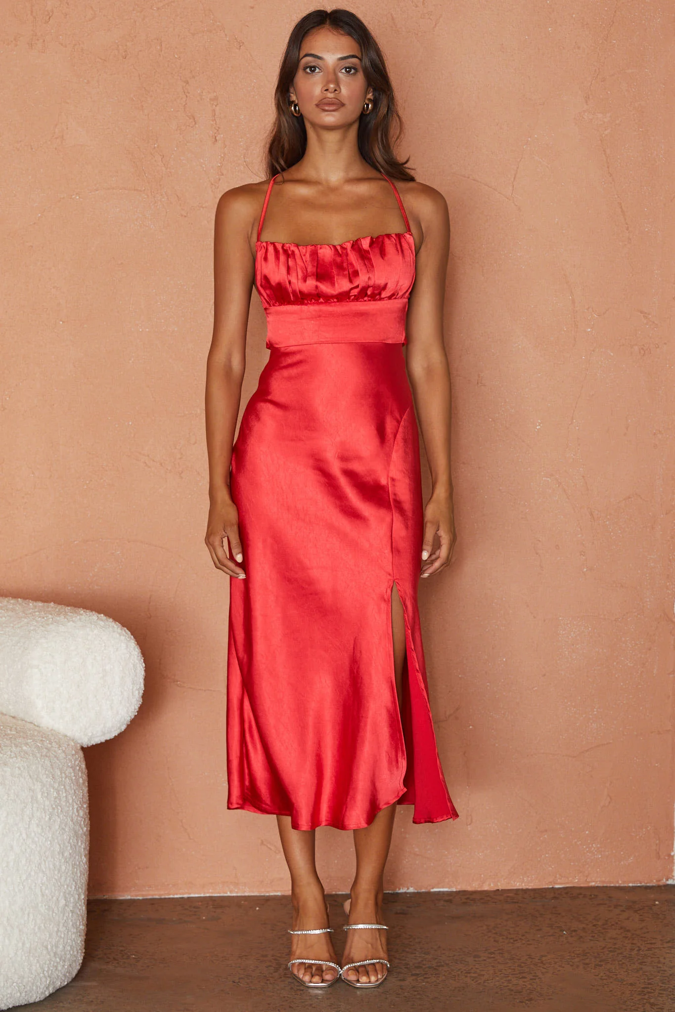 Lakoda Gathered Bust Bow Tie Back Midi Dress Red