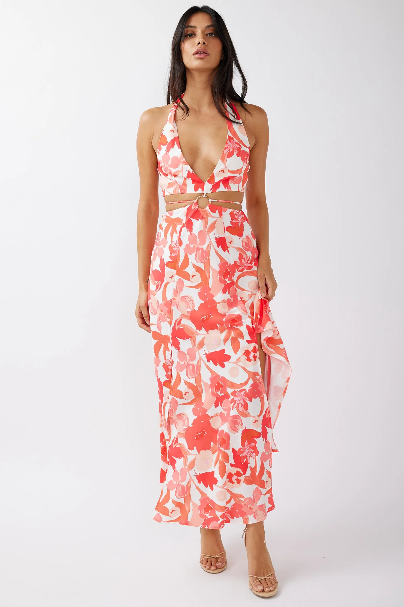Tuscan Summers Cut-Out Midi Dress Floral Red