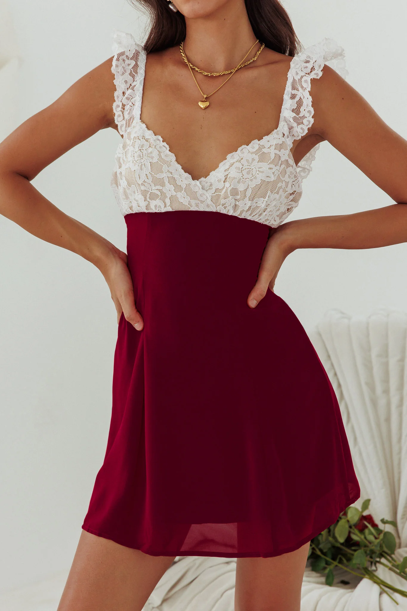 Lakyn Lace Bust Tied Back Mini Dress Wine