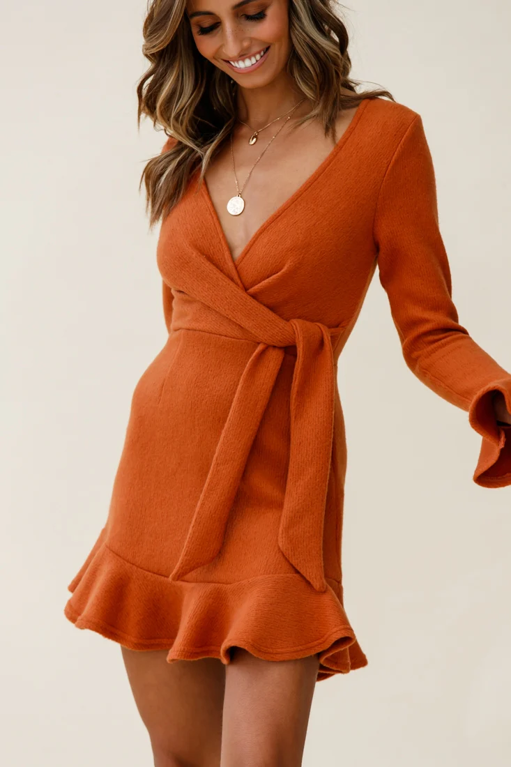 Shalini Flared Cuff Surplice Neckline Knit Dress Rust