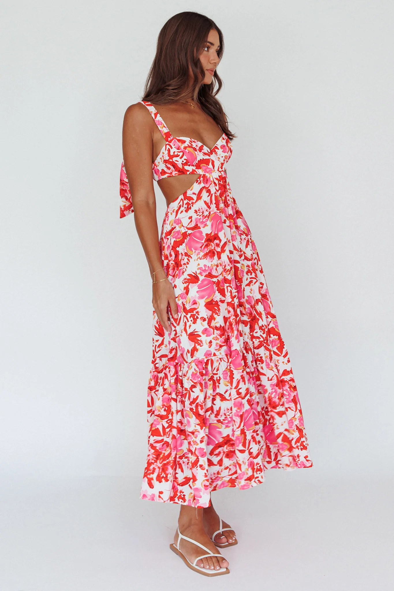 Sun Seeker Tied Shoulder Cut-Out Maxi Dress Floral Red