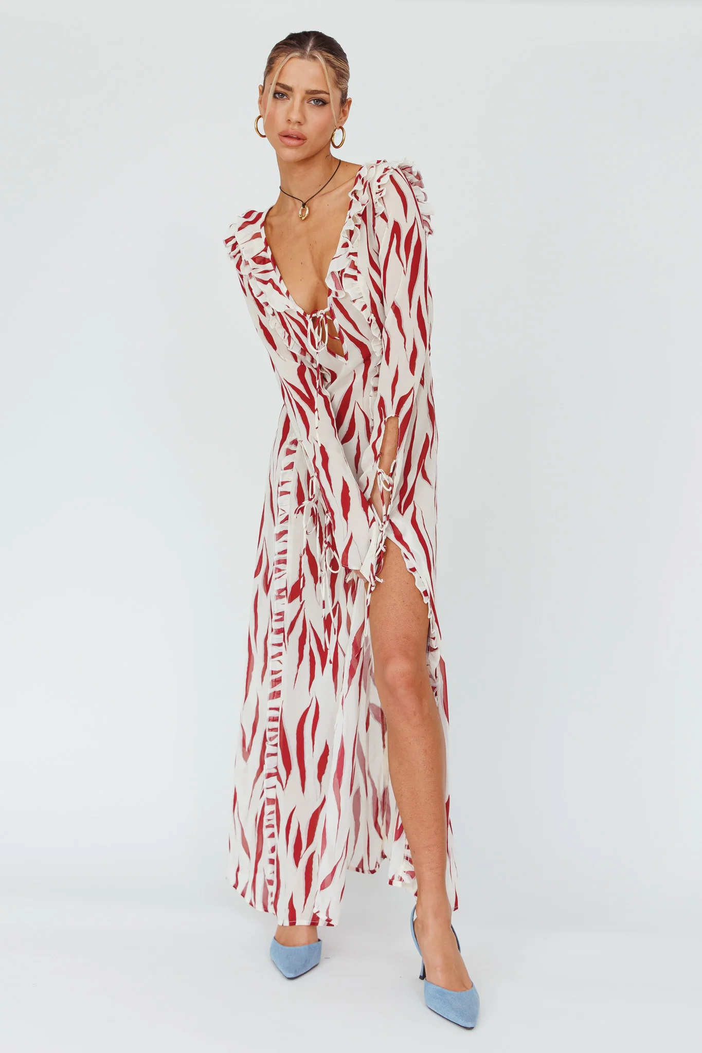 Oasis Moon Frill Trim Maxi Dress Printed Ruby