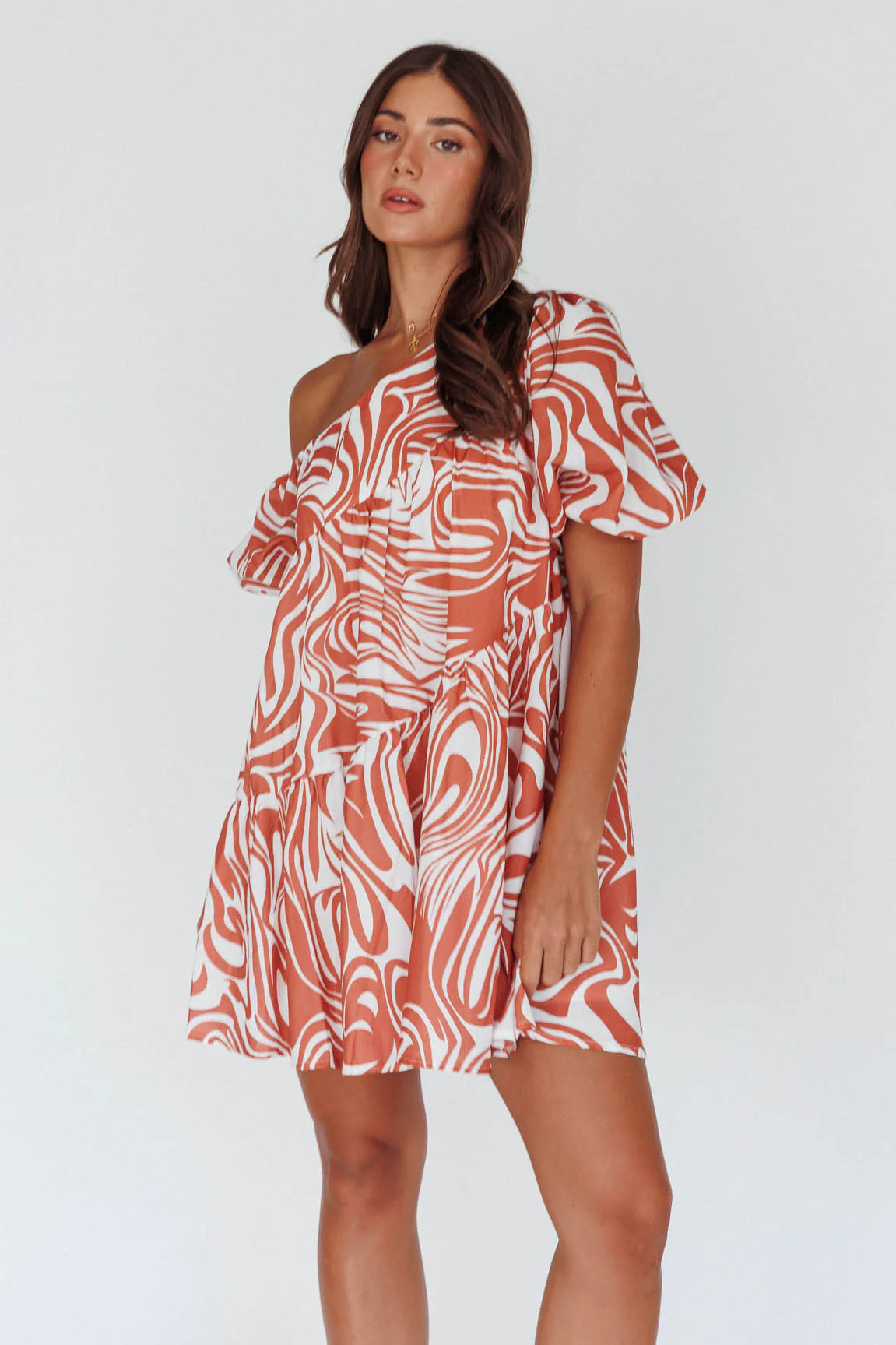 Villa Puff Sleeve One-Shoulder Dress Terracotta