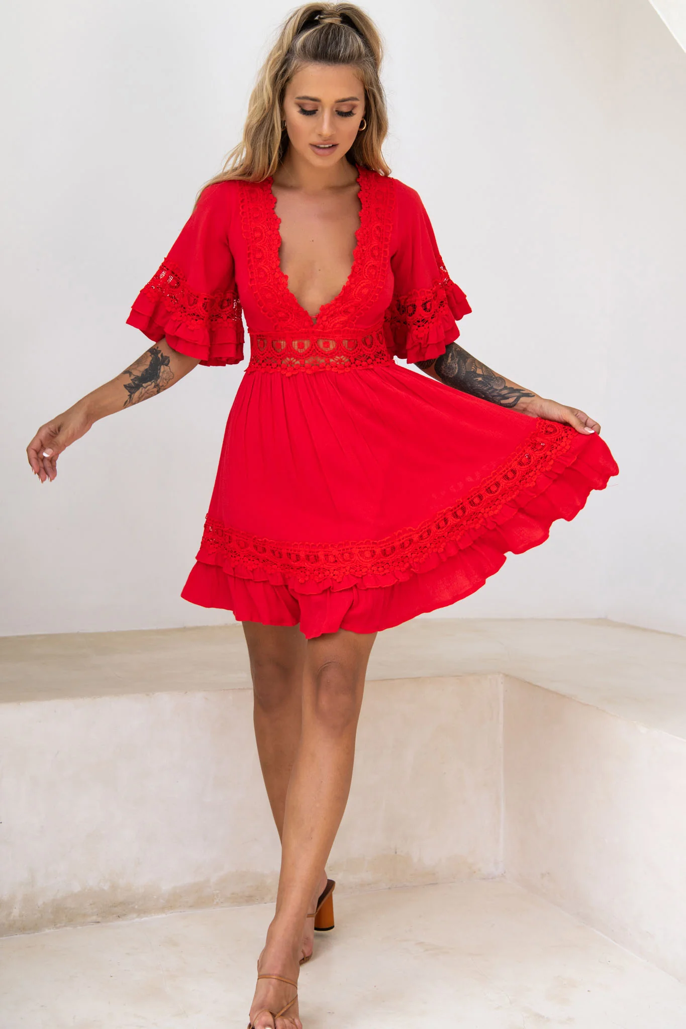 Kauai V-Neckline Crochet Lace Trim Dress Red