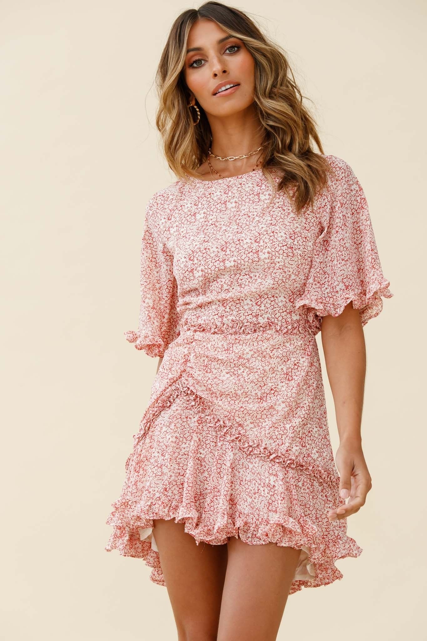 Leona Half Sleeve Frill Trim Dress Floral Print Red