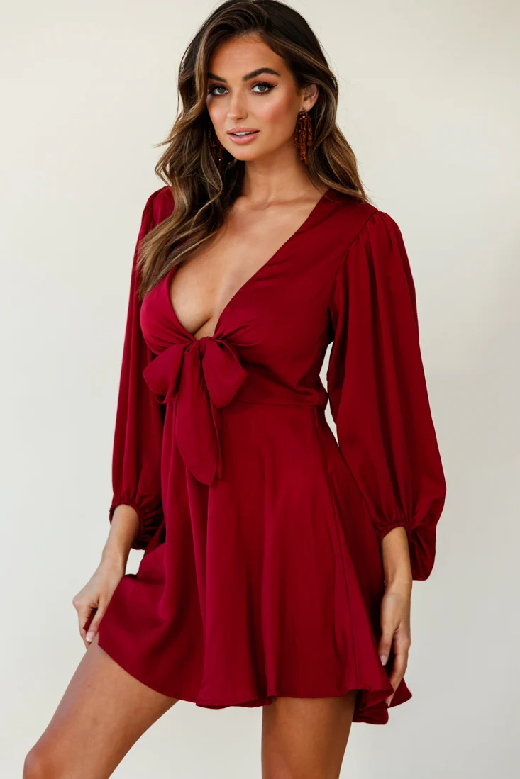 Madison Bow Tie Bust Balloon Sleeve Dress Wine
