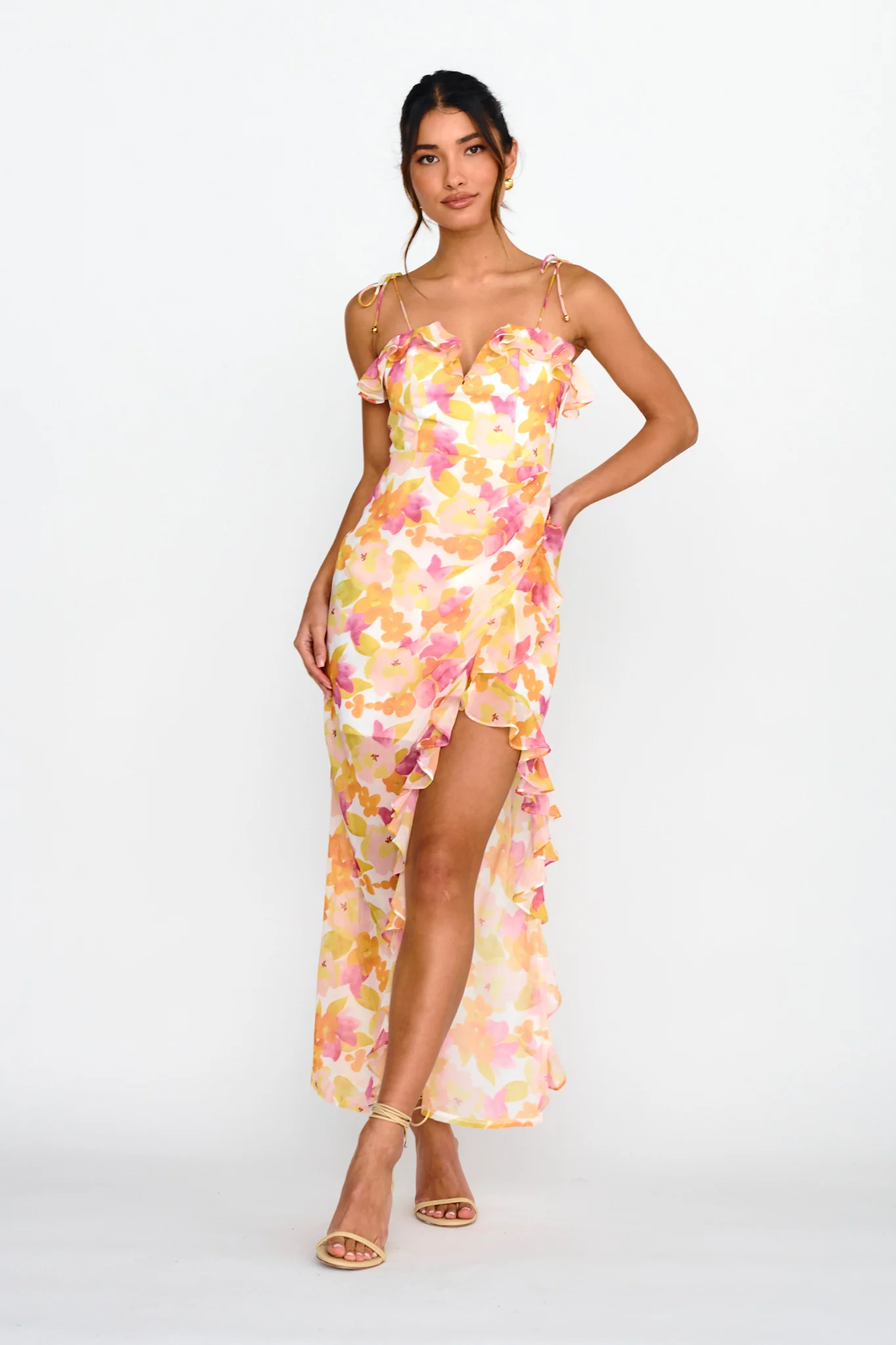 Portofino Cut-Out Split Midi Dress Floral Red