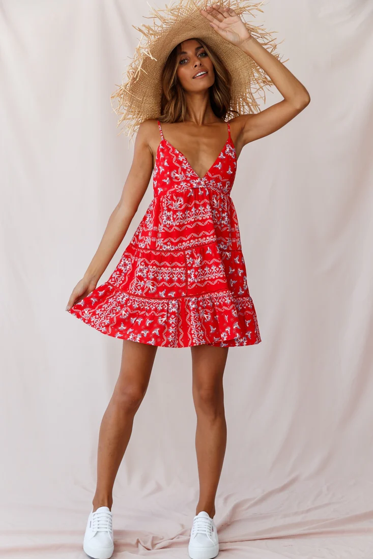 Ariya V-Neckline Frill Hem Sun Dress Red Print