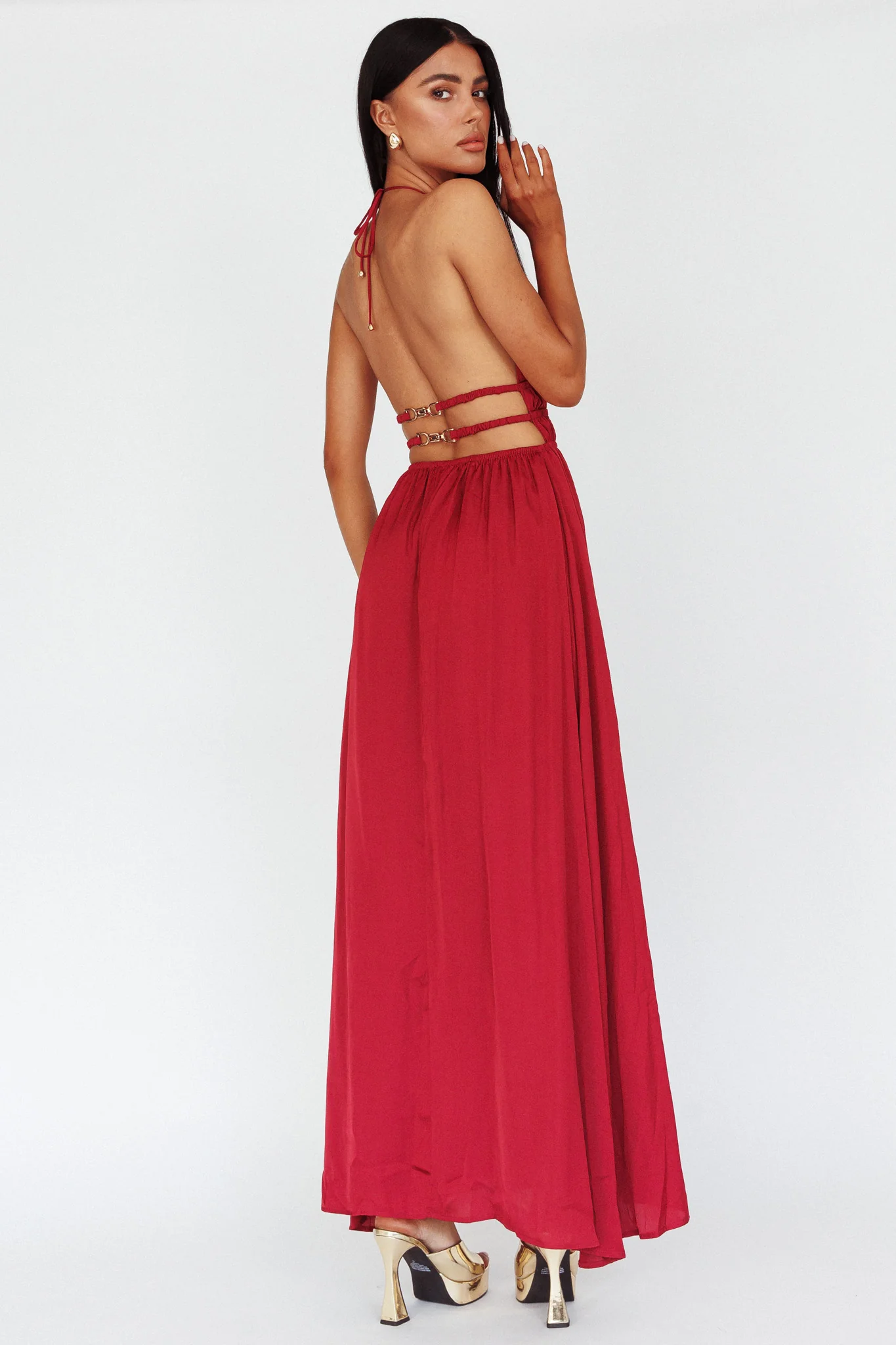 Cyndi Open Back Halterneck Maxi Dress Wine