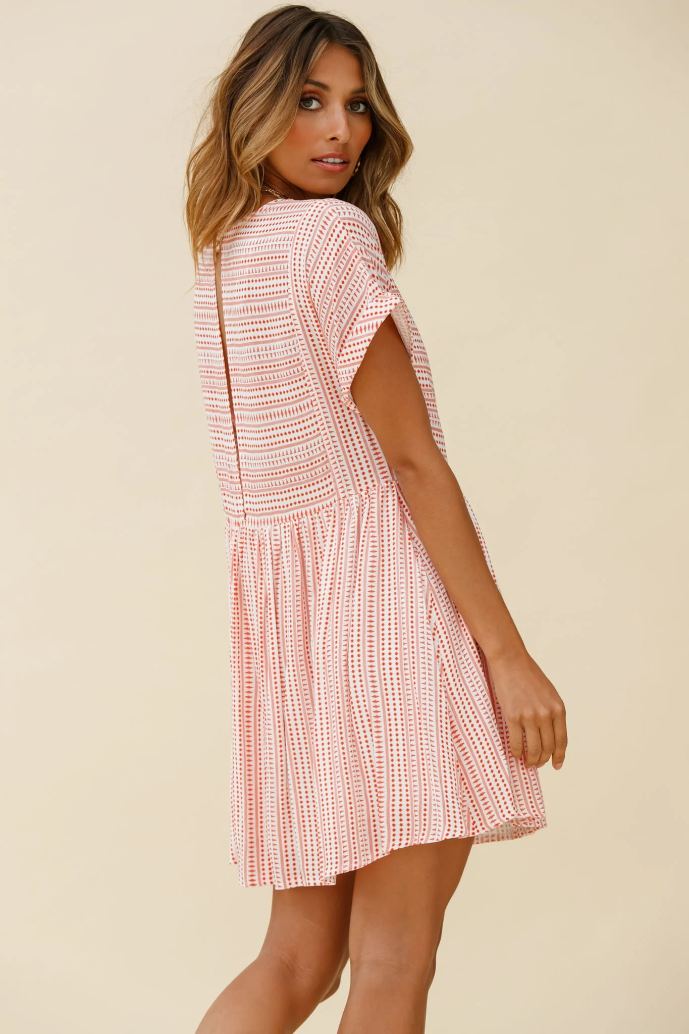 Susie Rolled Sleeve Crew Neck Swing Dress Stripe Pattern Red