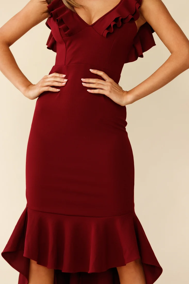 Pearl Ruffle Strap High-Low Hem Dress Plum