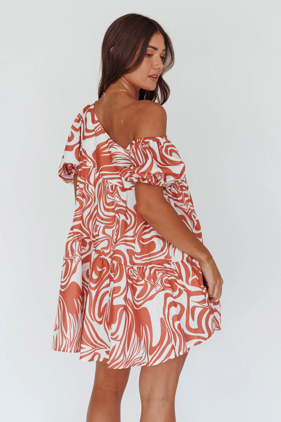 Villa Puff Sleeve One-Shoulder Dress Terracotta