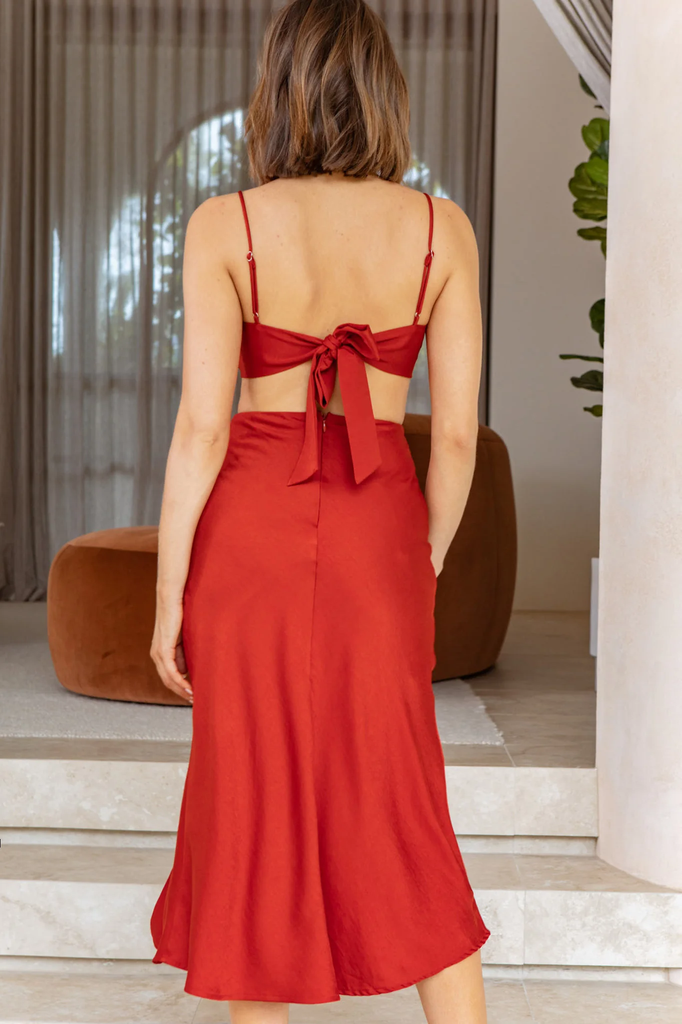 Mary Jane Gathered Bust Tie Back Midi Dress Copper