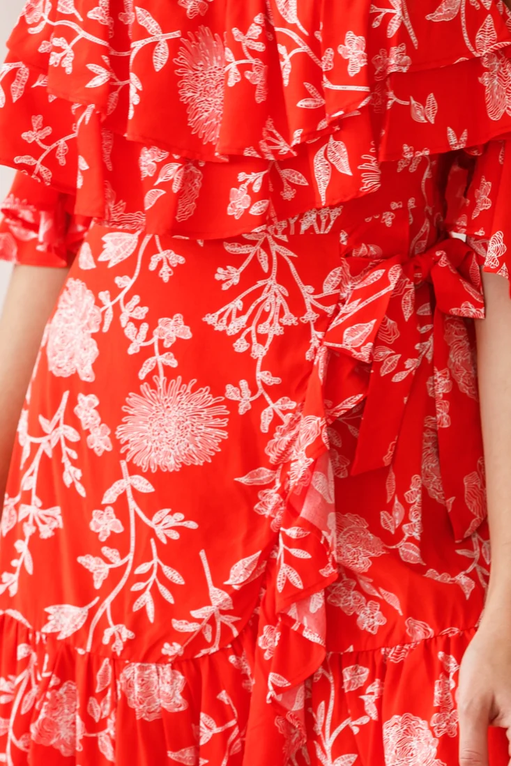 Audrina Off-Shoulder Wrap Dress Floral Print Red