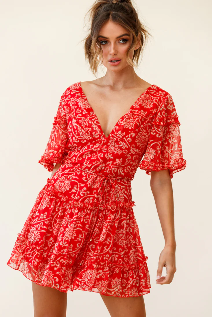 Psalm Angel Sleeve Frill Dress Floral Stencil Print Red
