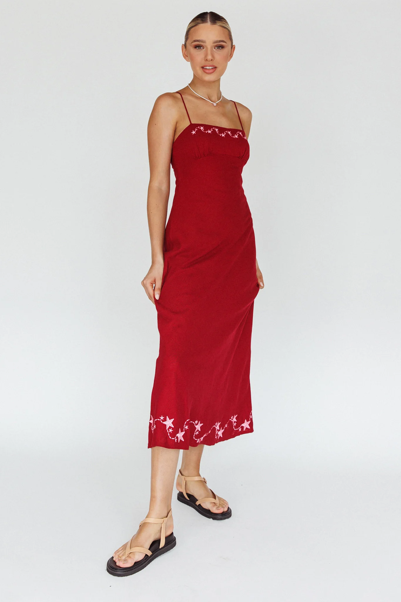 Star Garden Embroidered Midi Dress Wine