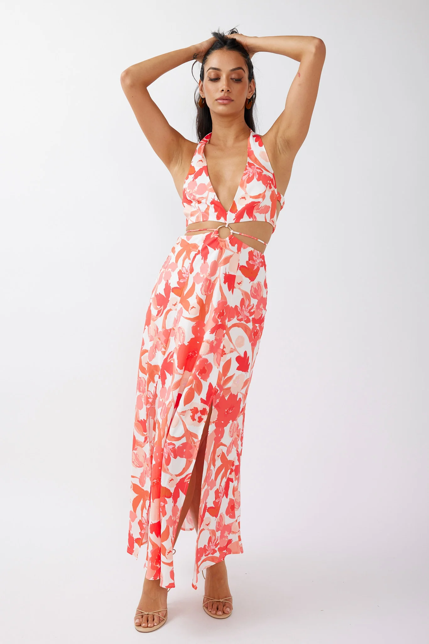Tuscan Summers Cut-Out Midi Dress Floral Red