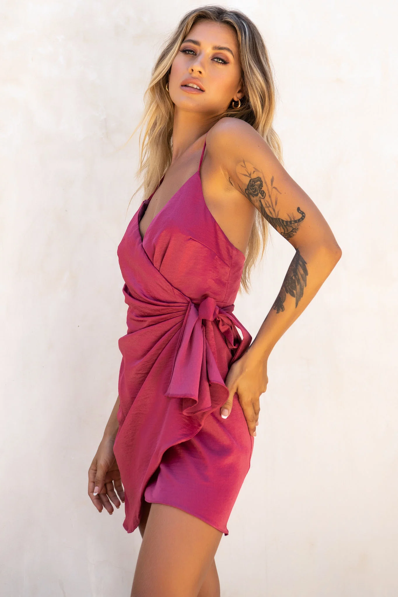 Medellin Gathered Detail Side-Tie Wrap Dress Rose