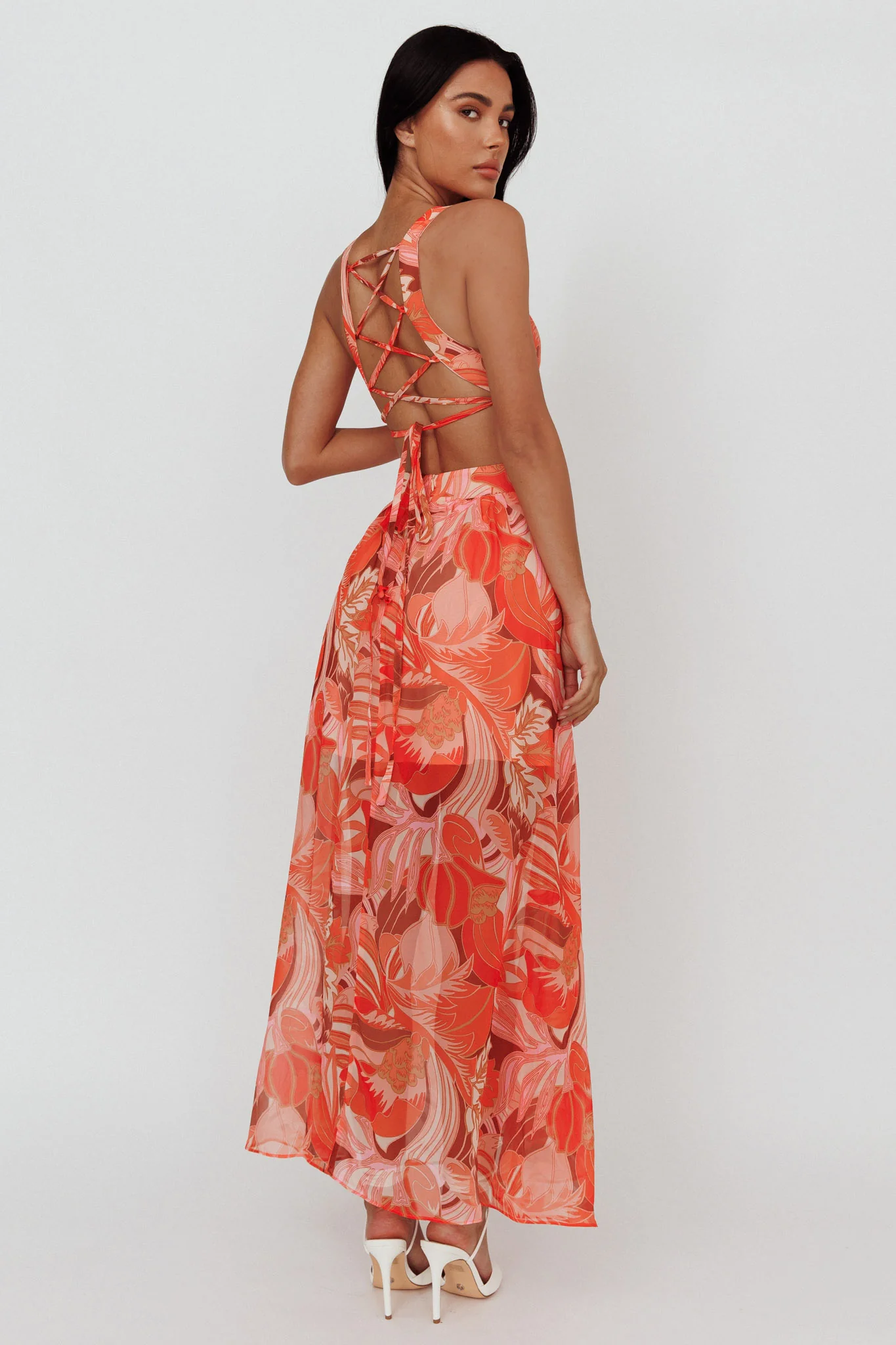 Maura Lace-Up Back Maxi Dress Floral Red