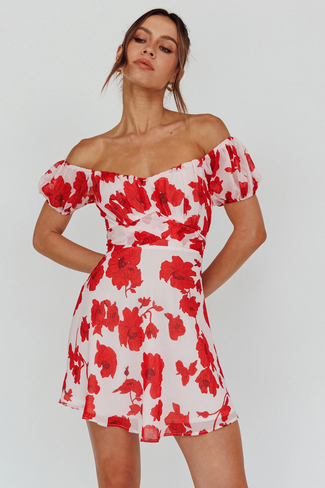 Linka Puff Sleeve Waist Tie Dress Floral Red