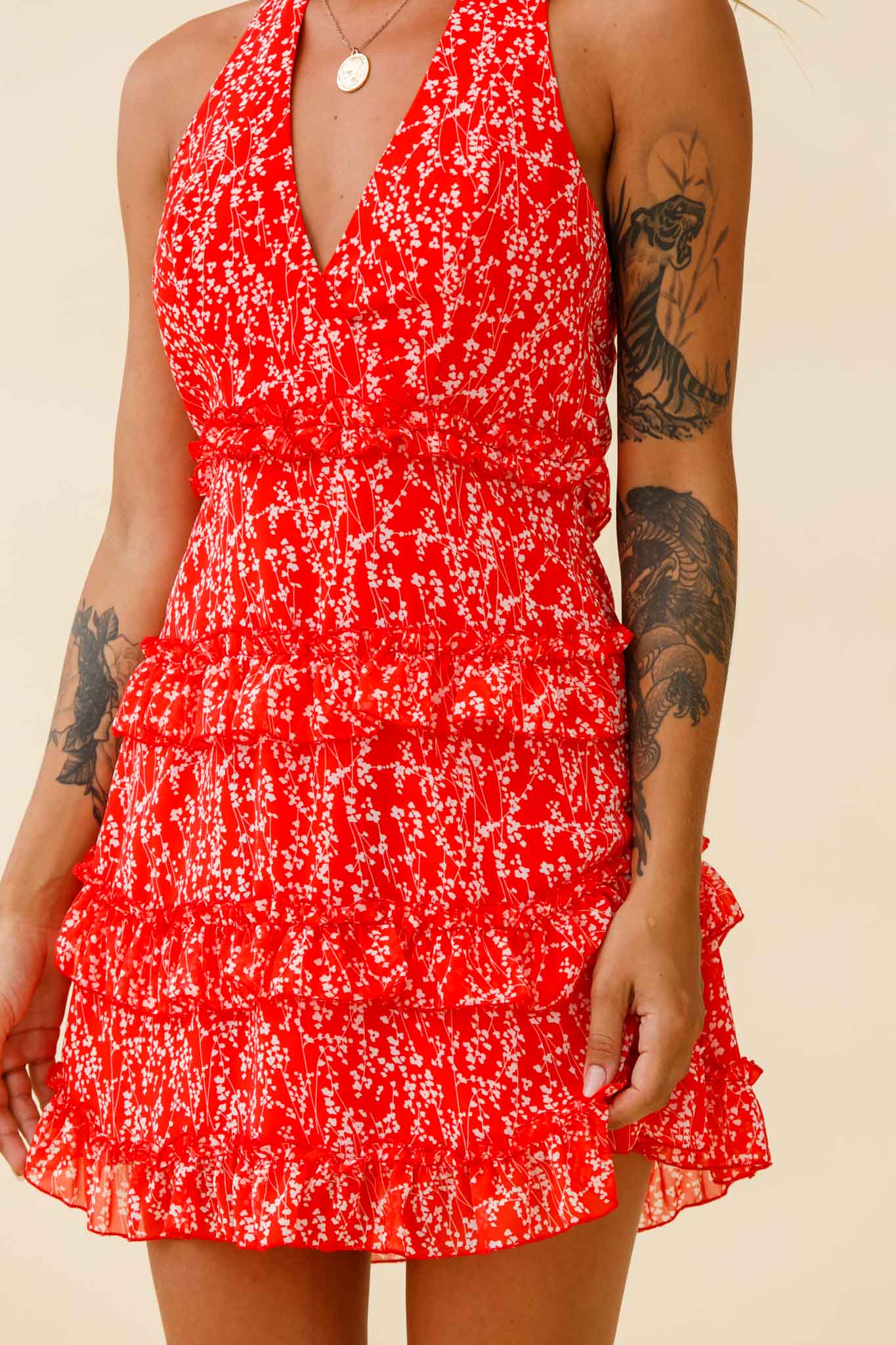 Venezuela Ruffle Trim Tie-Back Halterneck Dress Floral Print Red/White