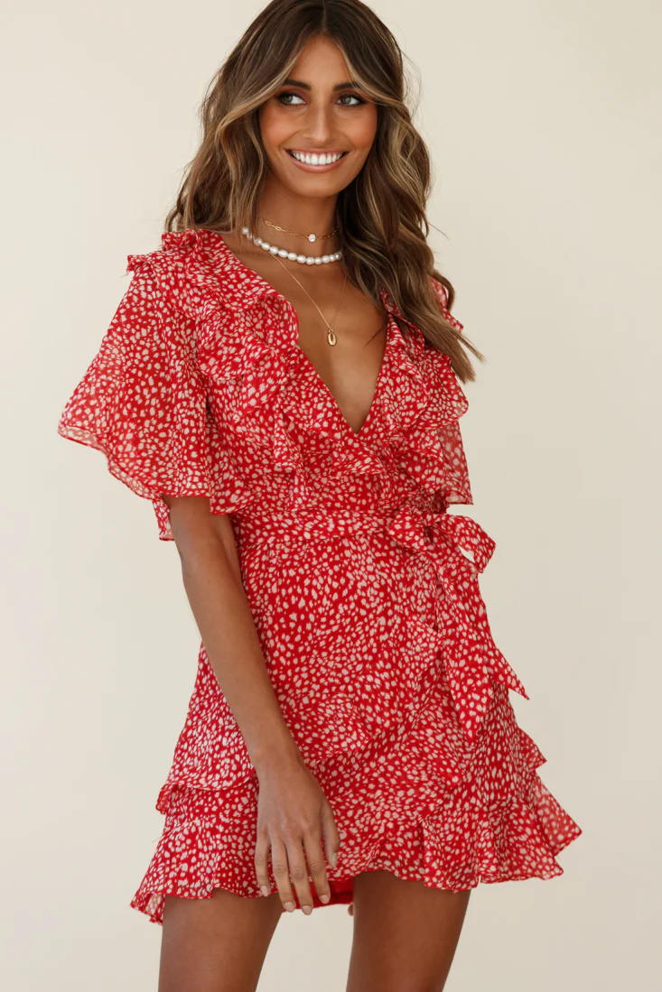 Sweet Talk Short Sleeve Ruffle Detail Dress Speckle Print Red