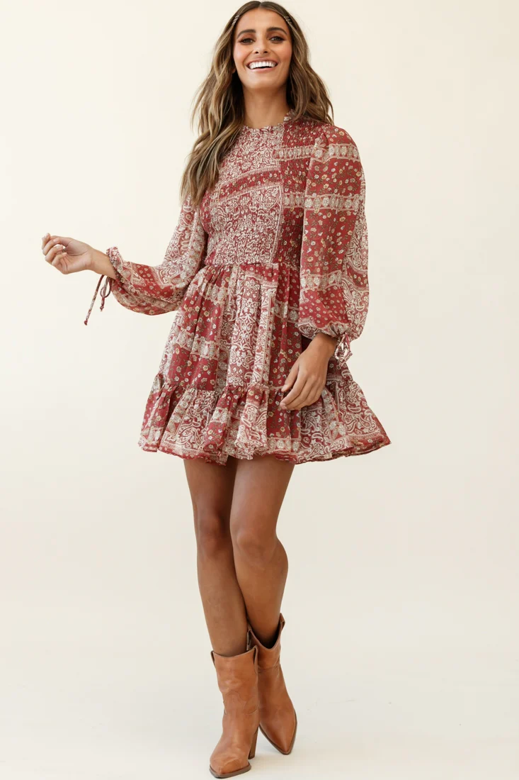 Marja Long Balloon Sleeve Shirred Dress Paisley Print Burgundy