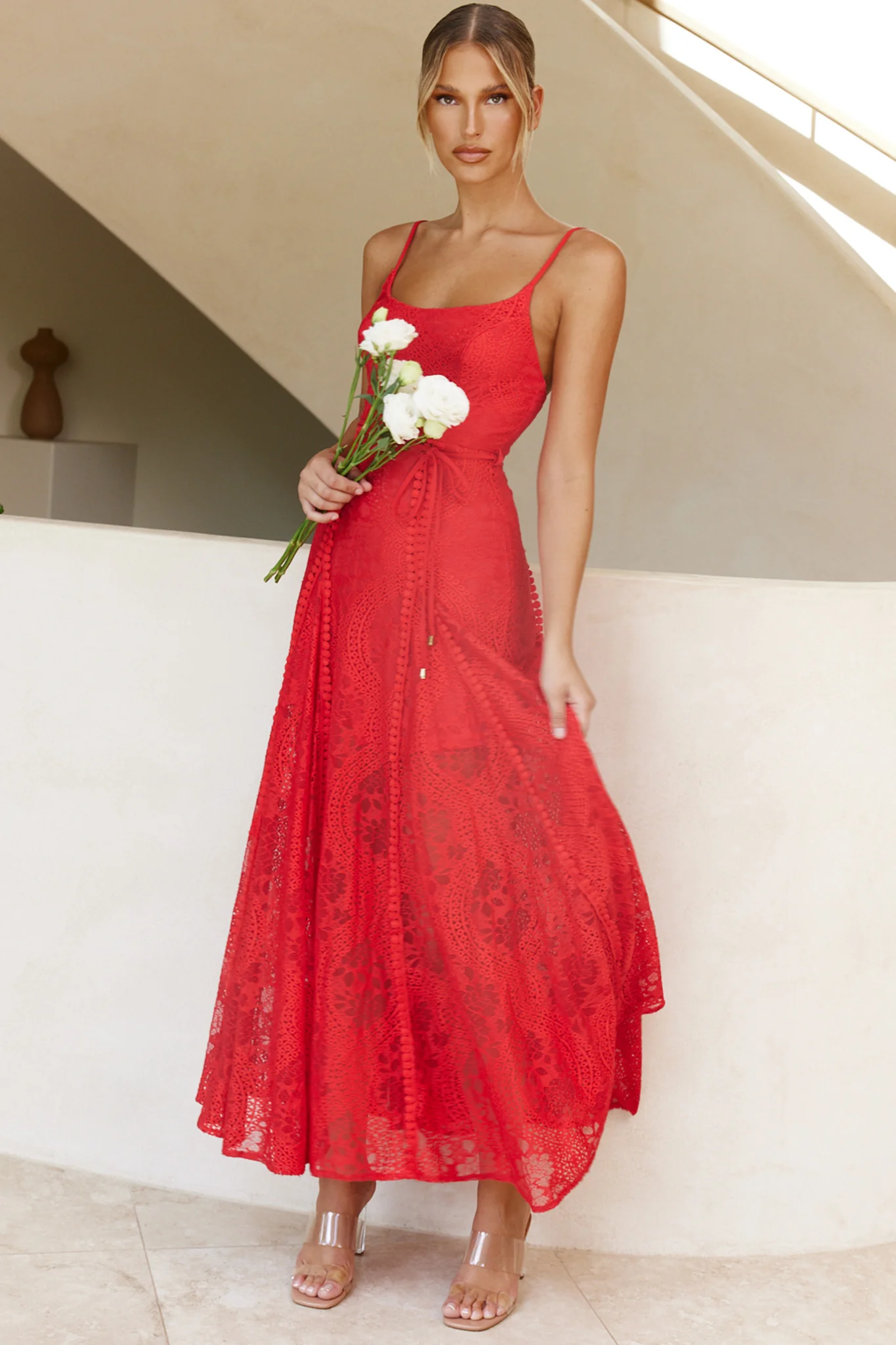 Palm Springs Lace Overlay Maxi Dress Red