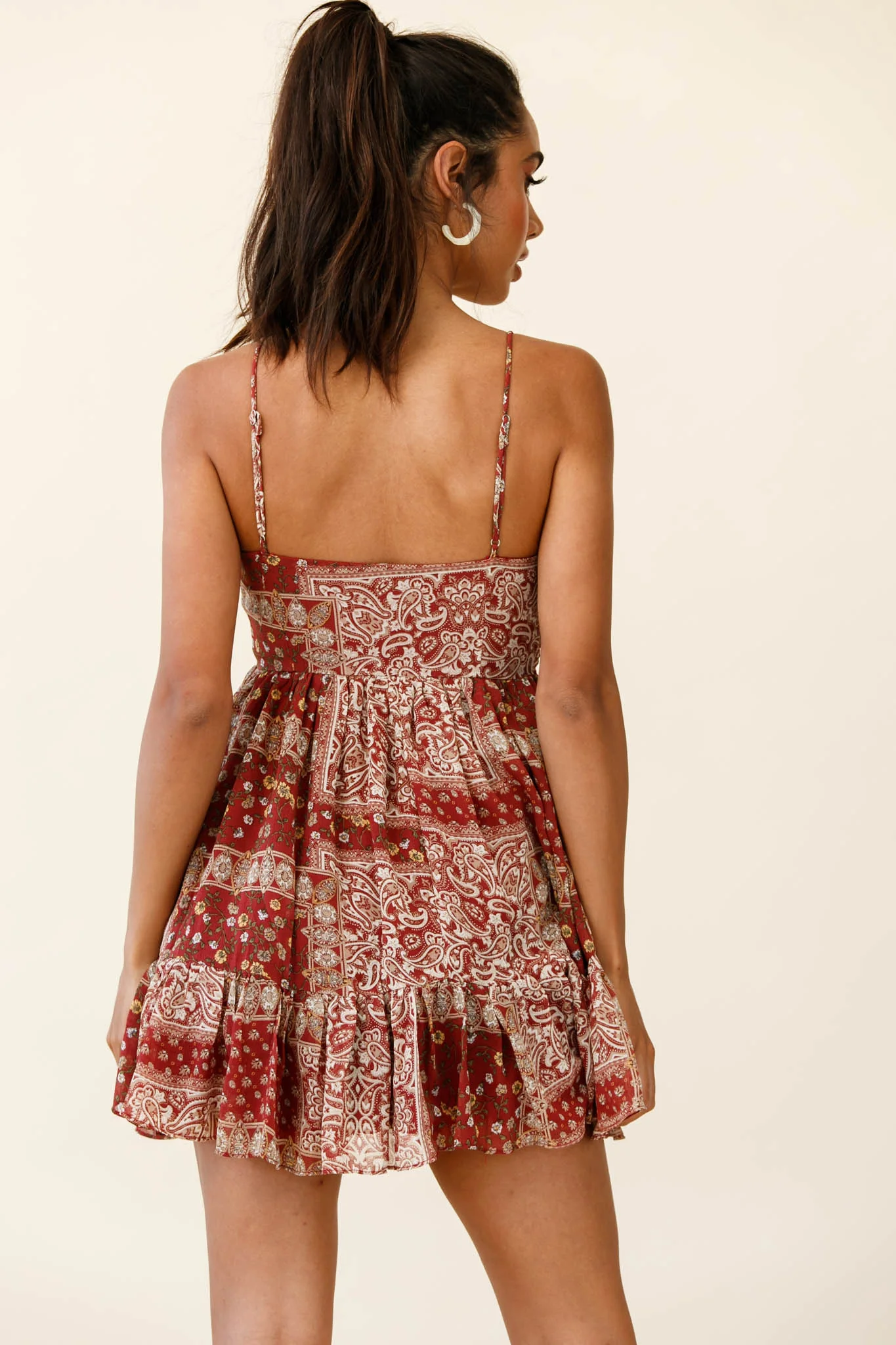 Marja Cami Strap Shirred Baby Doll Dress Paisley Print Burgundy