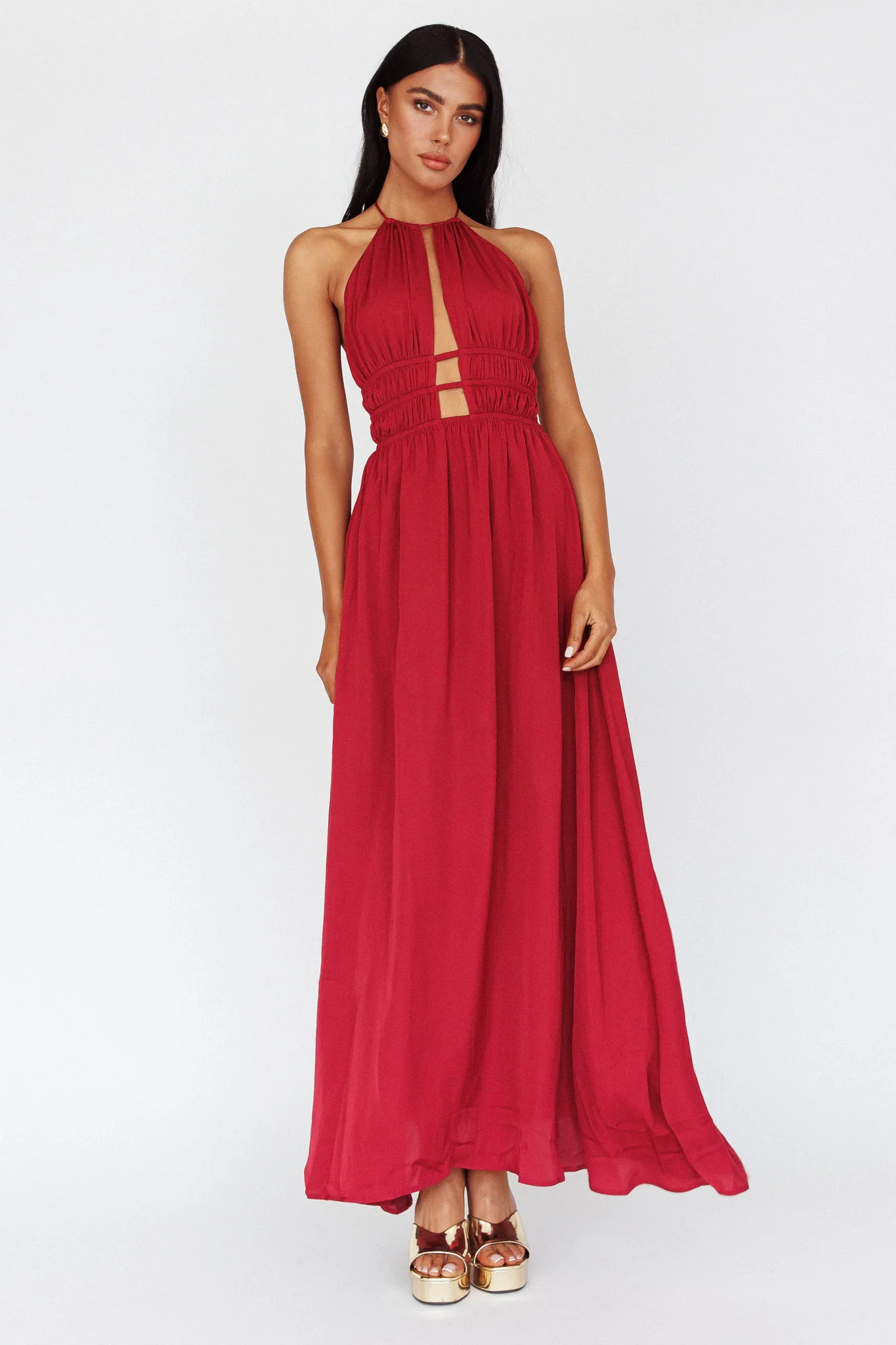 Cyndi Open Back Halterneck Maxi Dress Wine