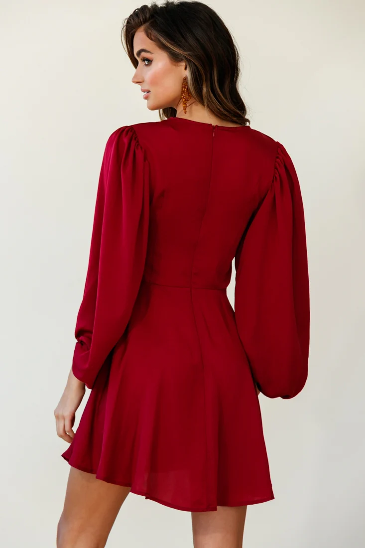 Madison Bow Tie Bust Balloon Sleeve Dress Wine
