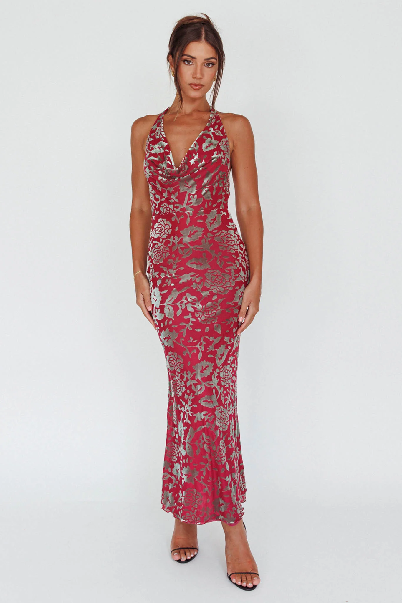 Byzantine Cowl Halterneck Midi Dress Floral Wine